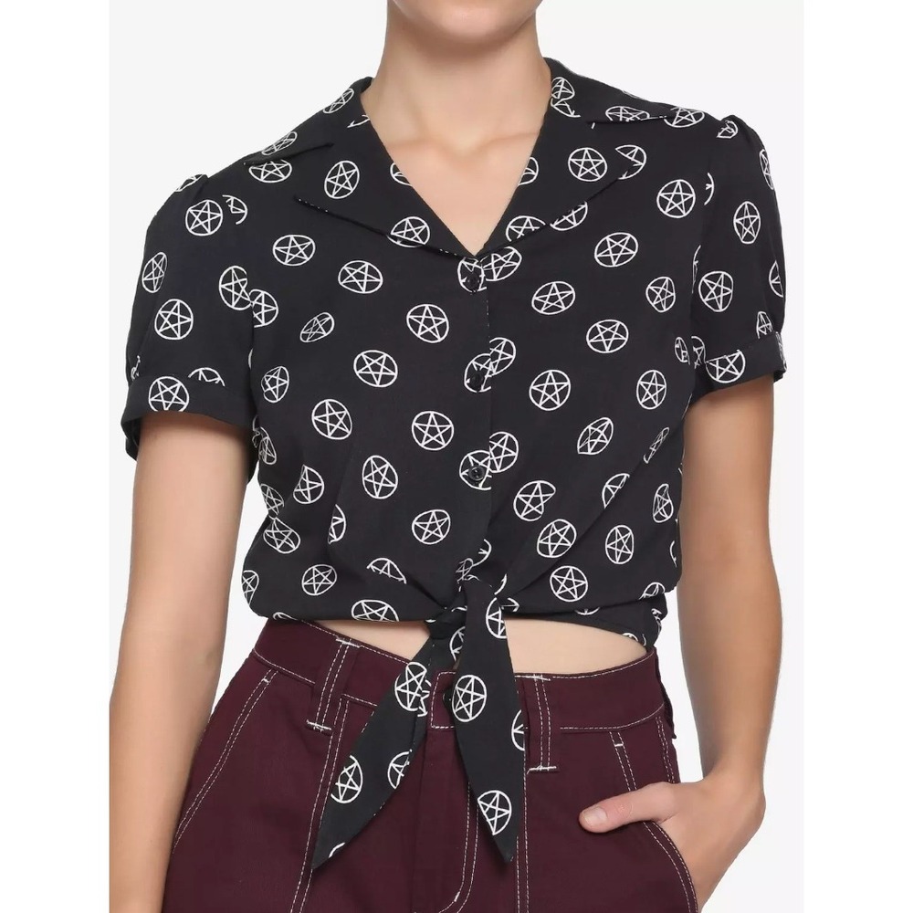 Spencer's Goth Emo Witchy Occult Crop Top Women Small Black Pentagram Tie Front